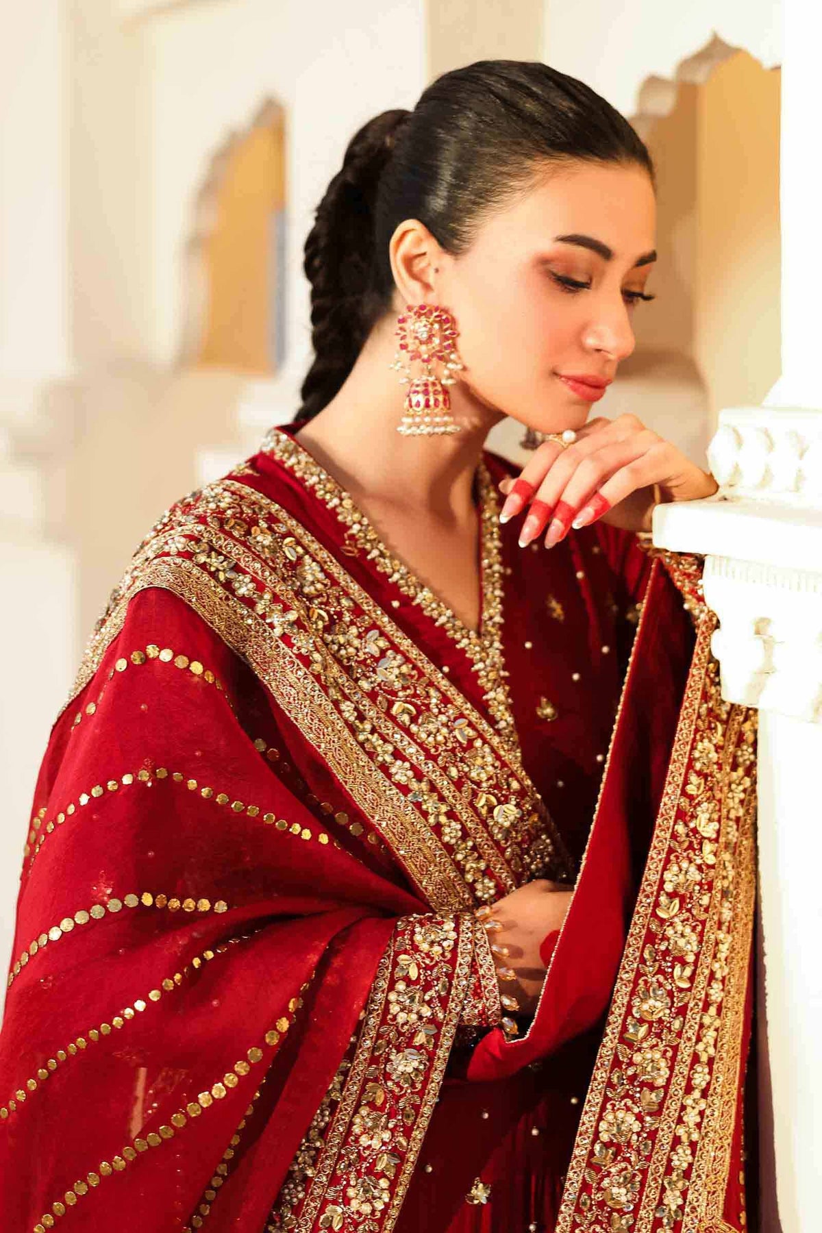 Pakistani Maroon Embroidered Bemberg Raw Silk Salwar Kameez (3-Piece) - Image 6