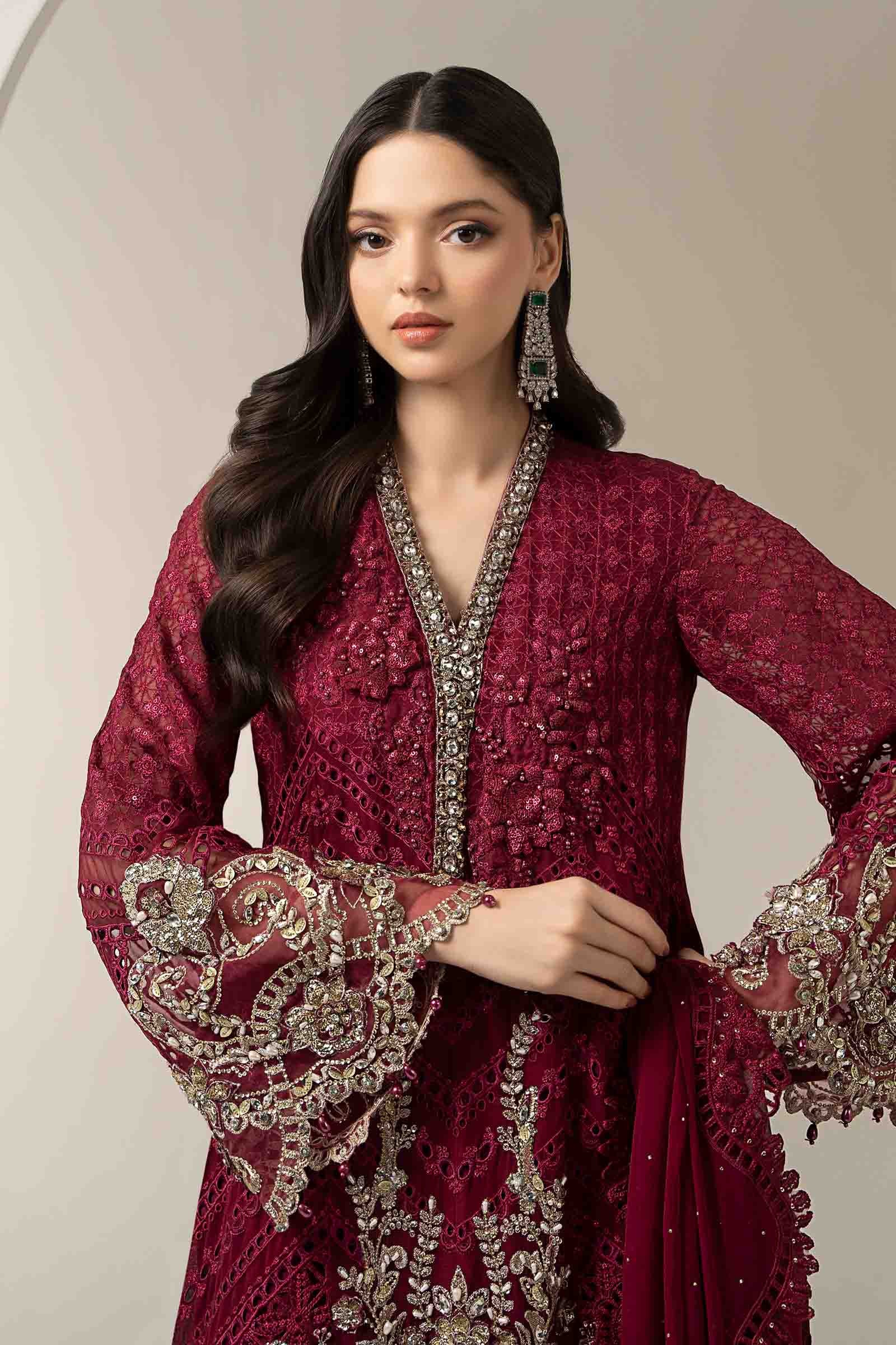 Maroon Embroidered Chiffon Salwar Kameez (3-Piece) - Image 2