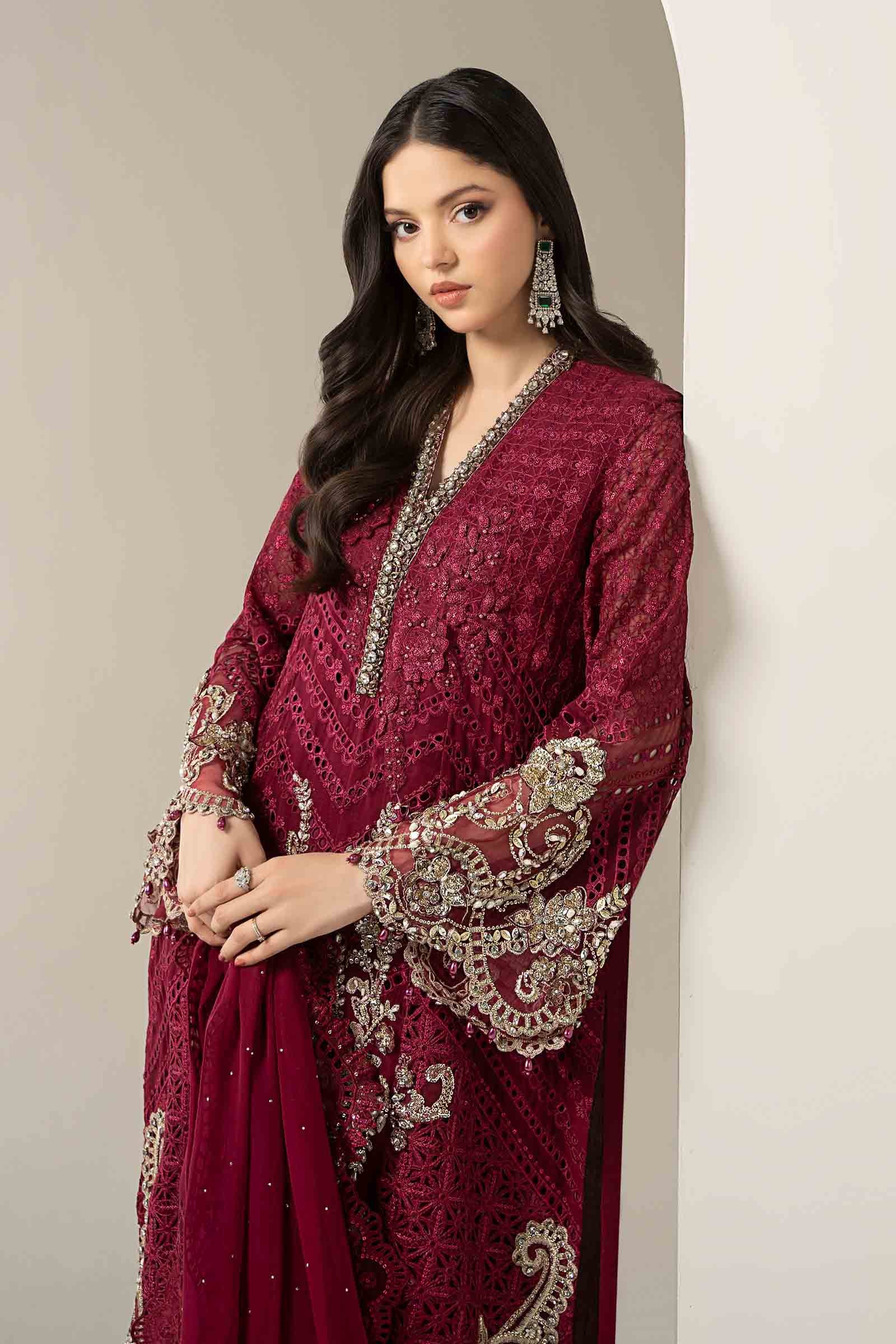 Maroon Embroidered Chiffon Salwar Kameez (3-Piece) - Image 3