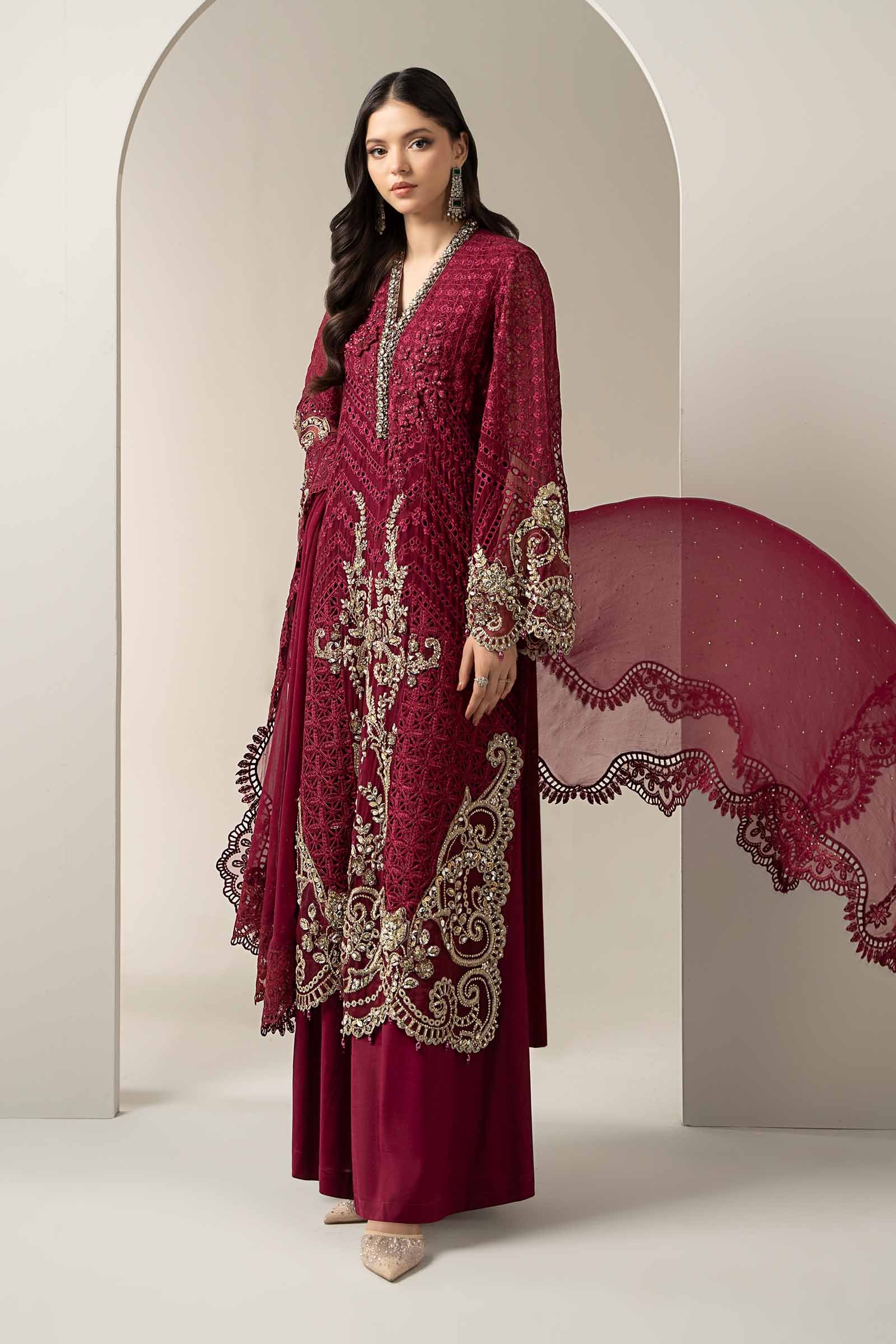 Maroon Embroidered Chiffon Salwar Kameez (3-Piece) - Image 4