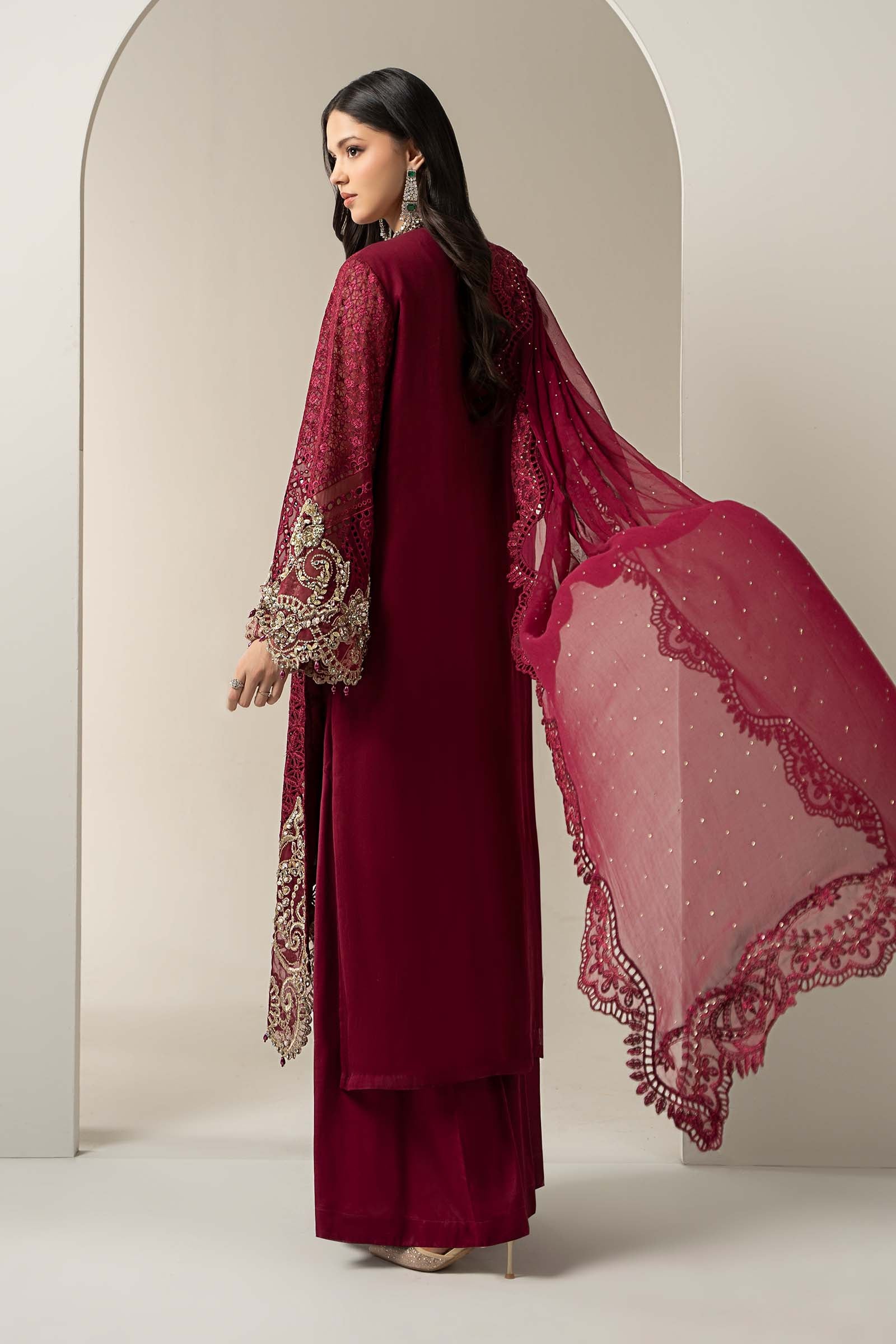 Maroon Embroidered Chiffon Salwar Kameez (3-Piece) - Image 5