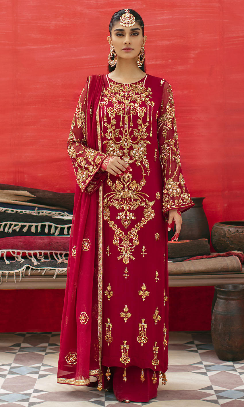 Maroon Hand-Embellished Chiffon Salwar Kameez (3-Piece) - Image 1
