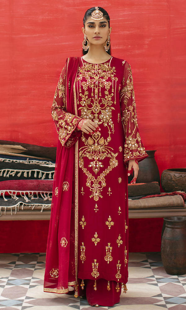 Maroon Hand-Embellished Chiffon Salwar Kameez (3-Piece) - Image 2