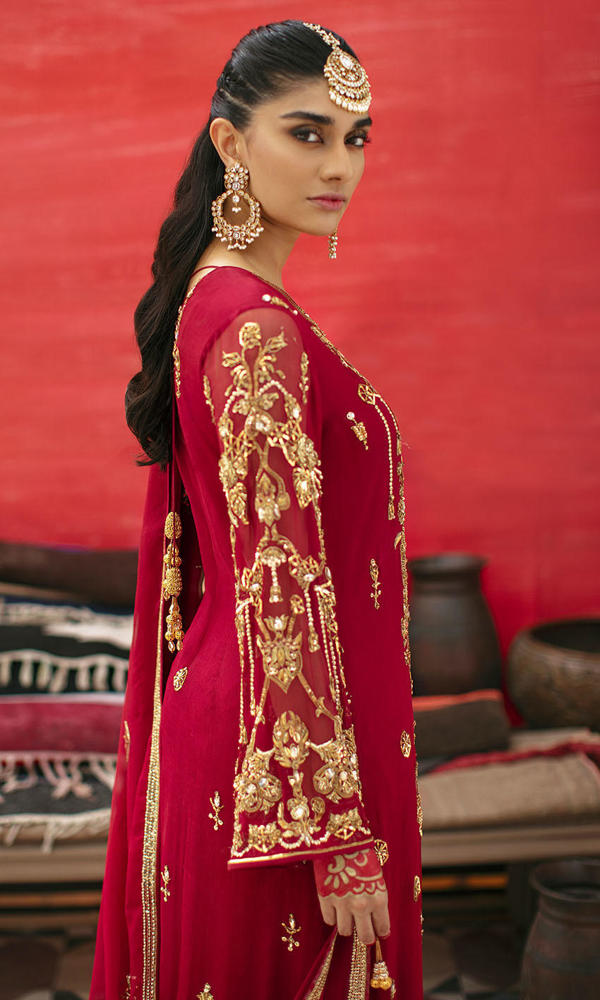 Maroon Hand-Embellished Chiffon Salwar Kameez (3-Piece) - Image 3