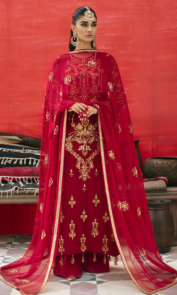 Maroon Hand-Embellished Chiffon Salwar Kameez (3-Piece) - Image 5