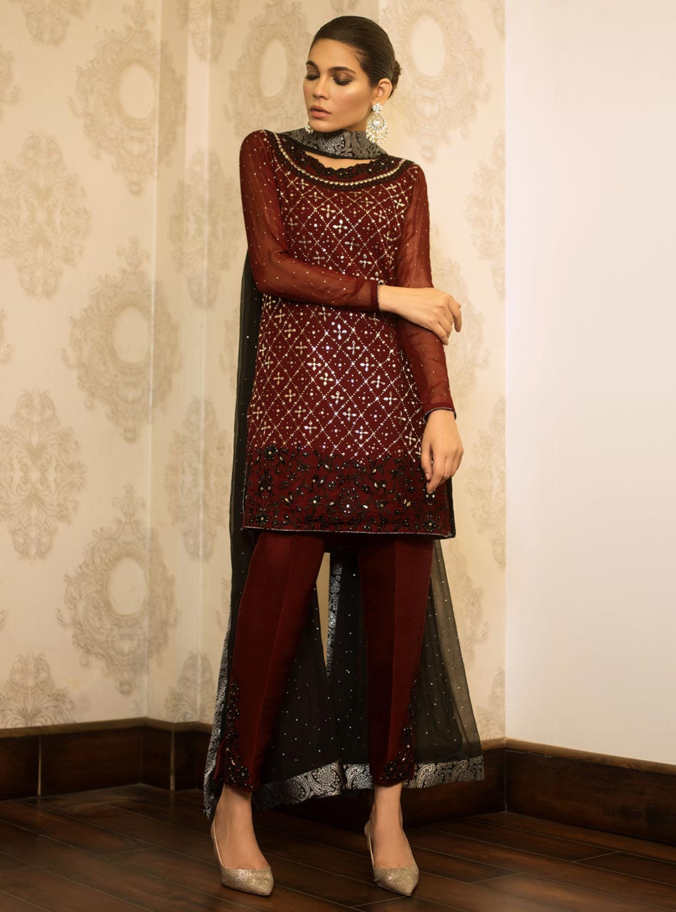 Pakistani Maroon Mukaish Embroidered Chiffon Salwar Kameez (3-Piece) - Image 2
