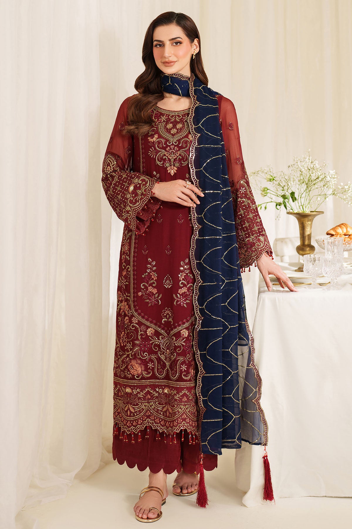 Pakistani Mahroon Embroidered Chiffon & Organza Salwar Kameez (3-Piece) - Image 1