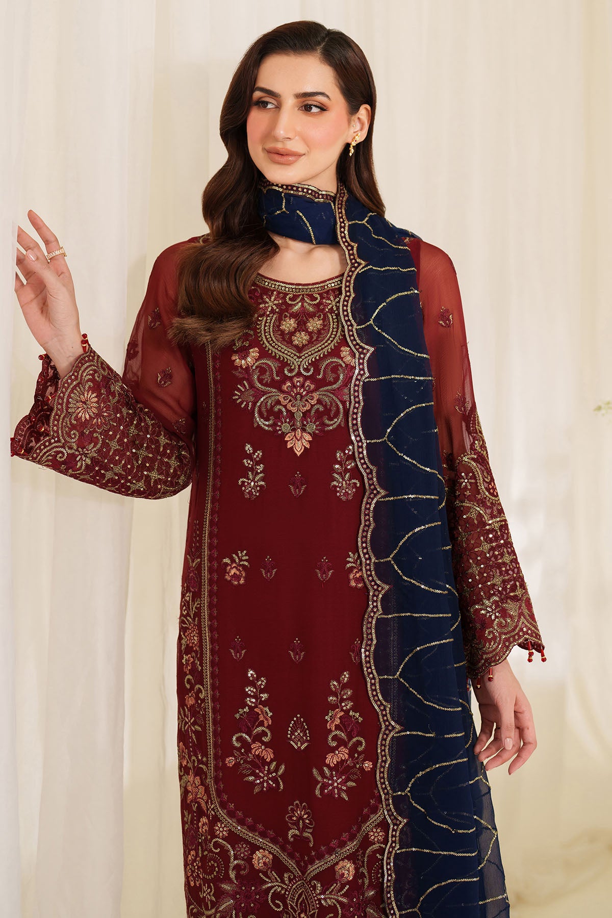 Pakistani Mahroon Embroidered Chiffon & Organza Salwar Kameez (3-Piece) - Image 2