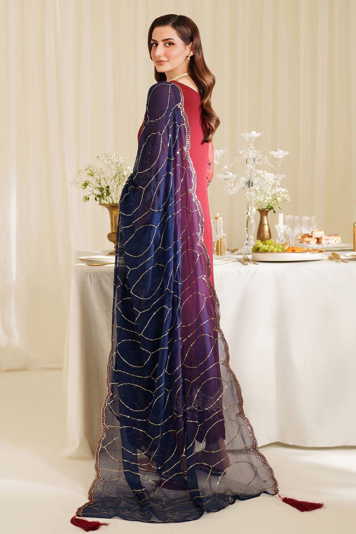 Pakistani Mahroon Embroidered Chiffon & Organza Salwar Kameez (3-Piece) - Image 3