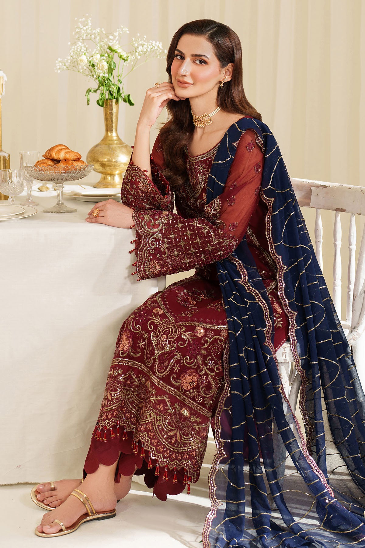 Pakistani Mahroon Embroidered Chiffon & Organza Salwar Kameez (3-Piece) - Image 4