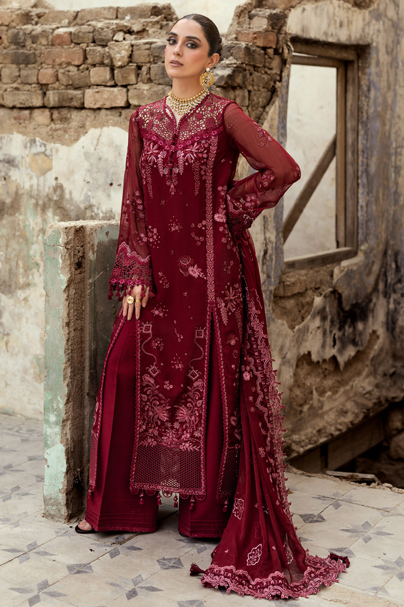 Pakistani Deep Maroon Embroidered Chiffon & Raw Silk 3-Piece Suit - Image 1