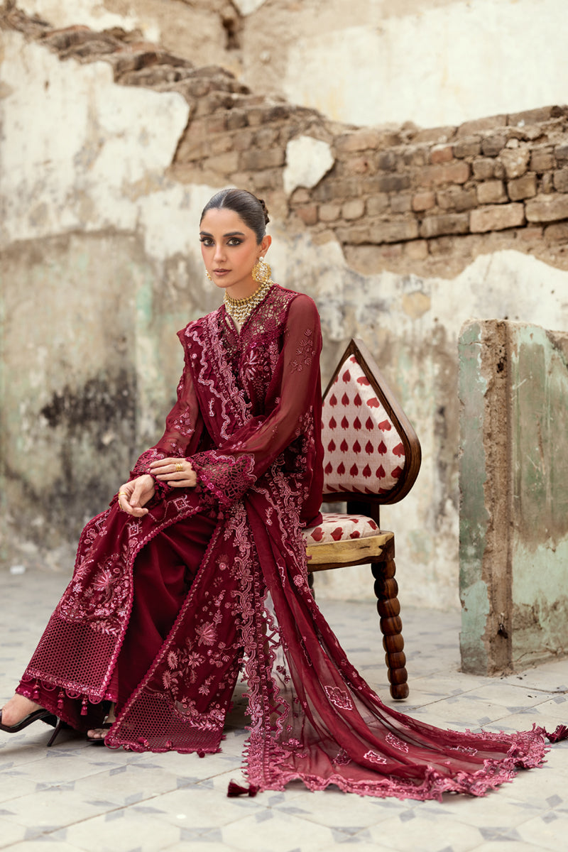 Pakistani Deep Maroon Embroidered Chiffon & Raw Silk 3-Piece Suit - Image 10