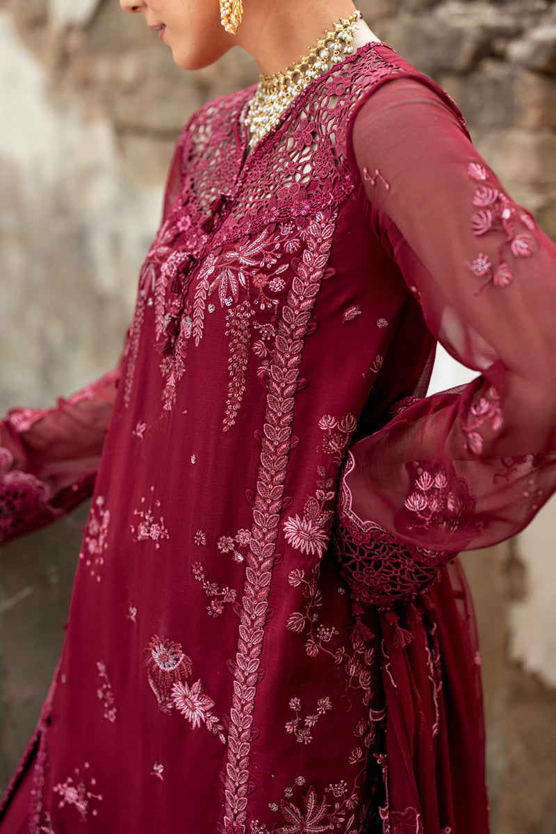 Pakistani Deep Maroon Embroidered Chiffon & Raw Silk 3-Piece Suit - Image 11