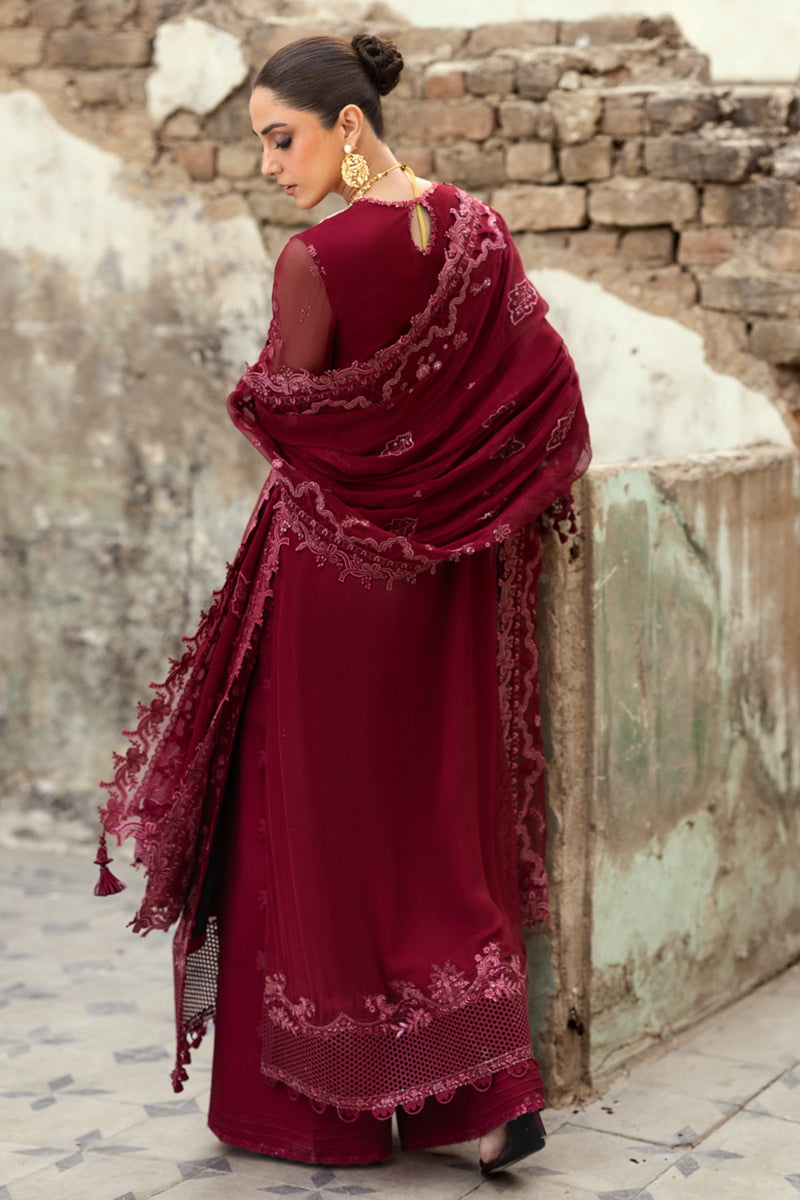 Pakistani Deep Maroon Embroidered Chiffon & Raw Silk 3-Piece Suit - Image 2