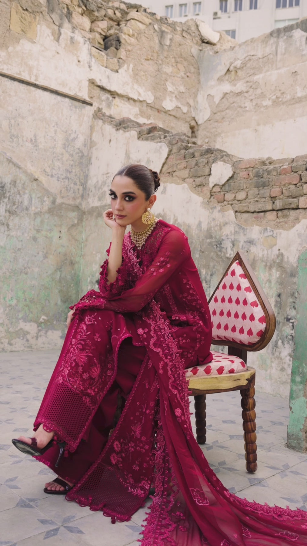 Pakistani Deep Maroon Embroidered Chiffon & Raw Silk 3-Piece Suit - Image 3