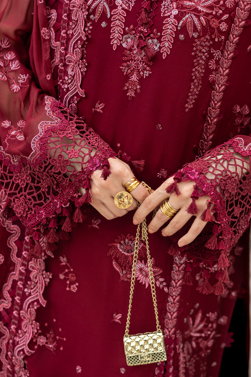 Pakistani Deep Maroon Embroidered Chiffon & Raw Silk 3-Piece Suit - Image 4