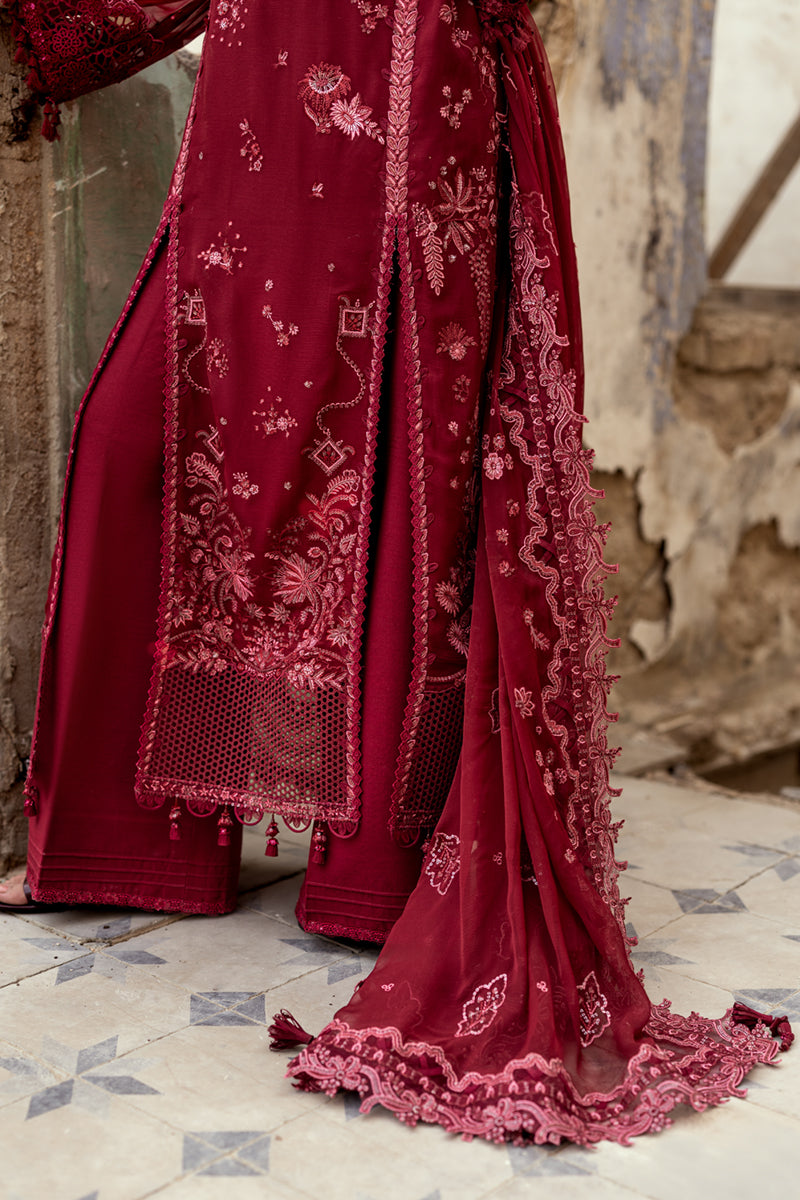 Pakistani Deep Maroon Embroidered Chiffon & Raw Silk 3-Piece Suit - Image 5