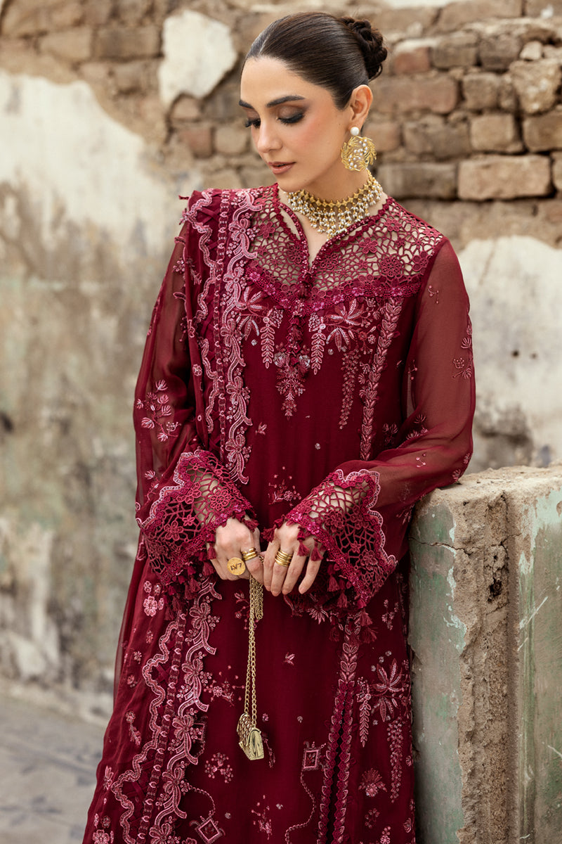 Pakistani Deep Maroon Embroidered Chiffon & Raw Silk 3-Piece Suit - Image 6