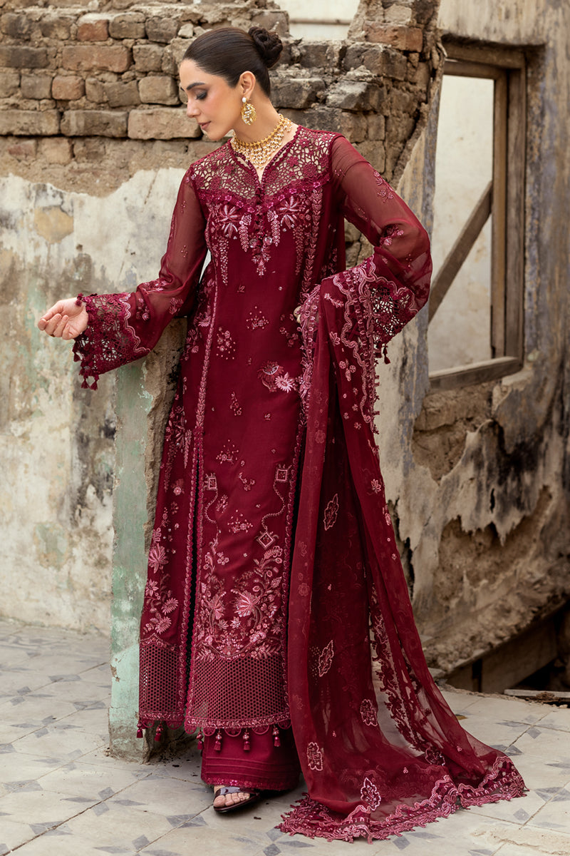 Pakistani Deep Maroon Embroidered Chiffon & Raw Silk 3-Piece Suit - Image 8