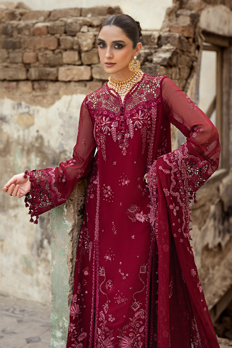 Pakistani Deep Maroon Embroidered Chiffon & Raw Silk 3-Piece Suit - Image 9