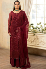 Pakistani Deep Maroon Embroidered Chiffon & Organza Suit (3-Piece) - Image 1