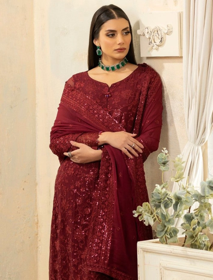 Pakistani Deep Maroon Embroidered Chiffon & Organza Suit (3-Piece) - Image 10