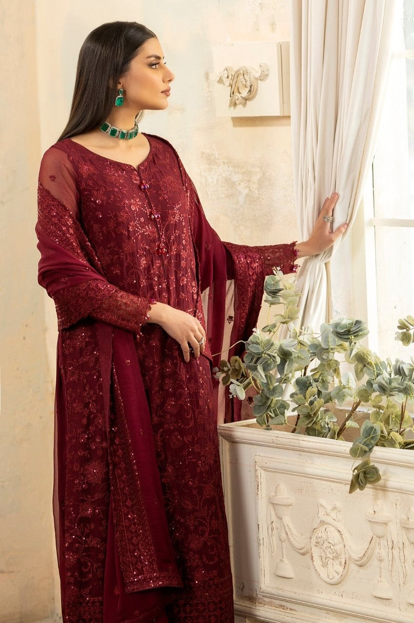 Pakistani Deep Maroon Embroidered Chiffon & Organza Suit (3-Piece) - Image 11
