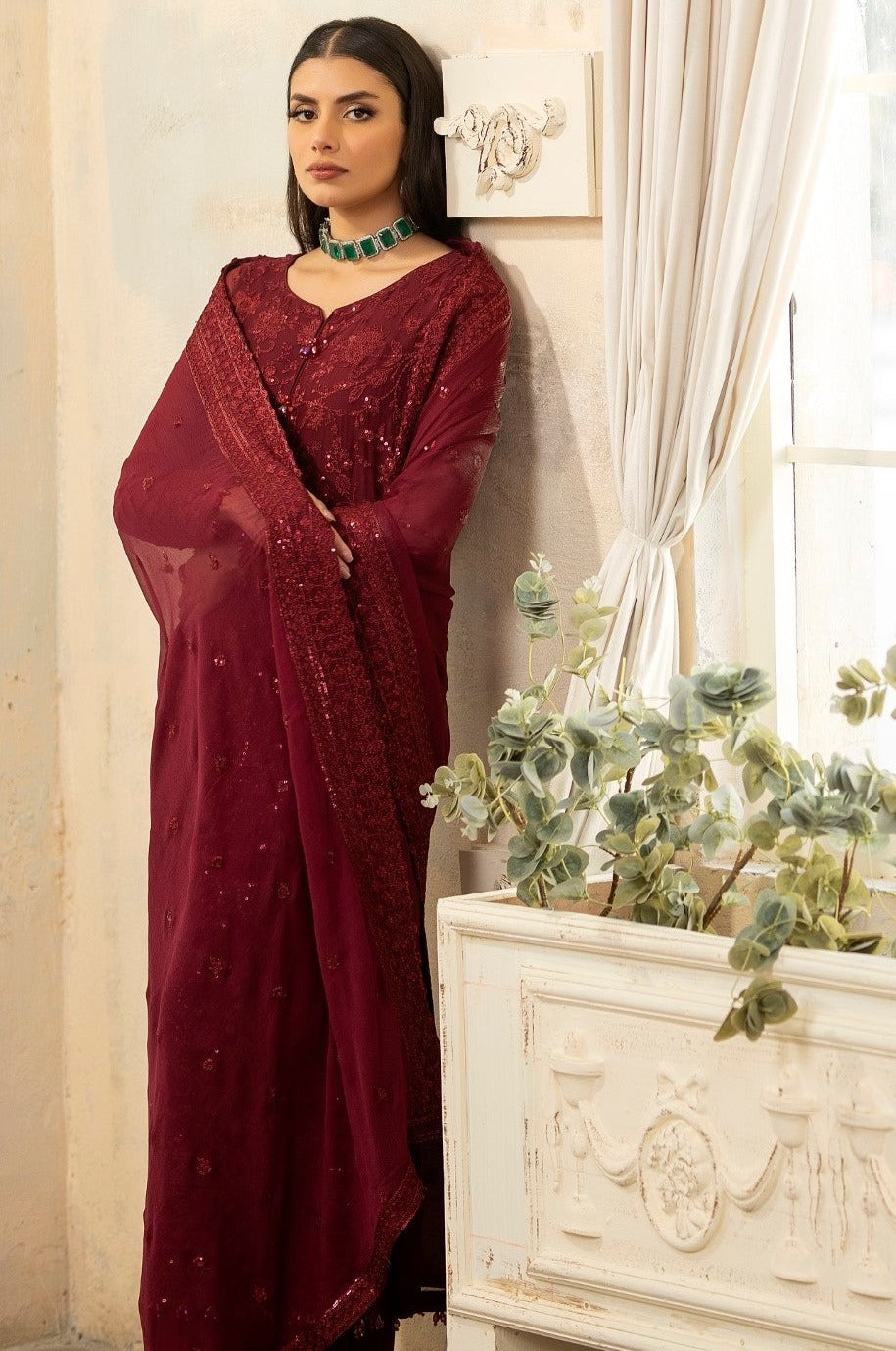 Pakistani Deep Maroon Embroidered Chiffon & Organza Suit (3-Piece) - Image 13
