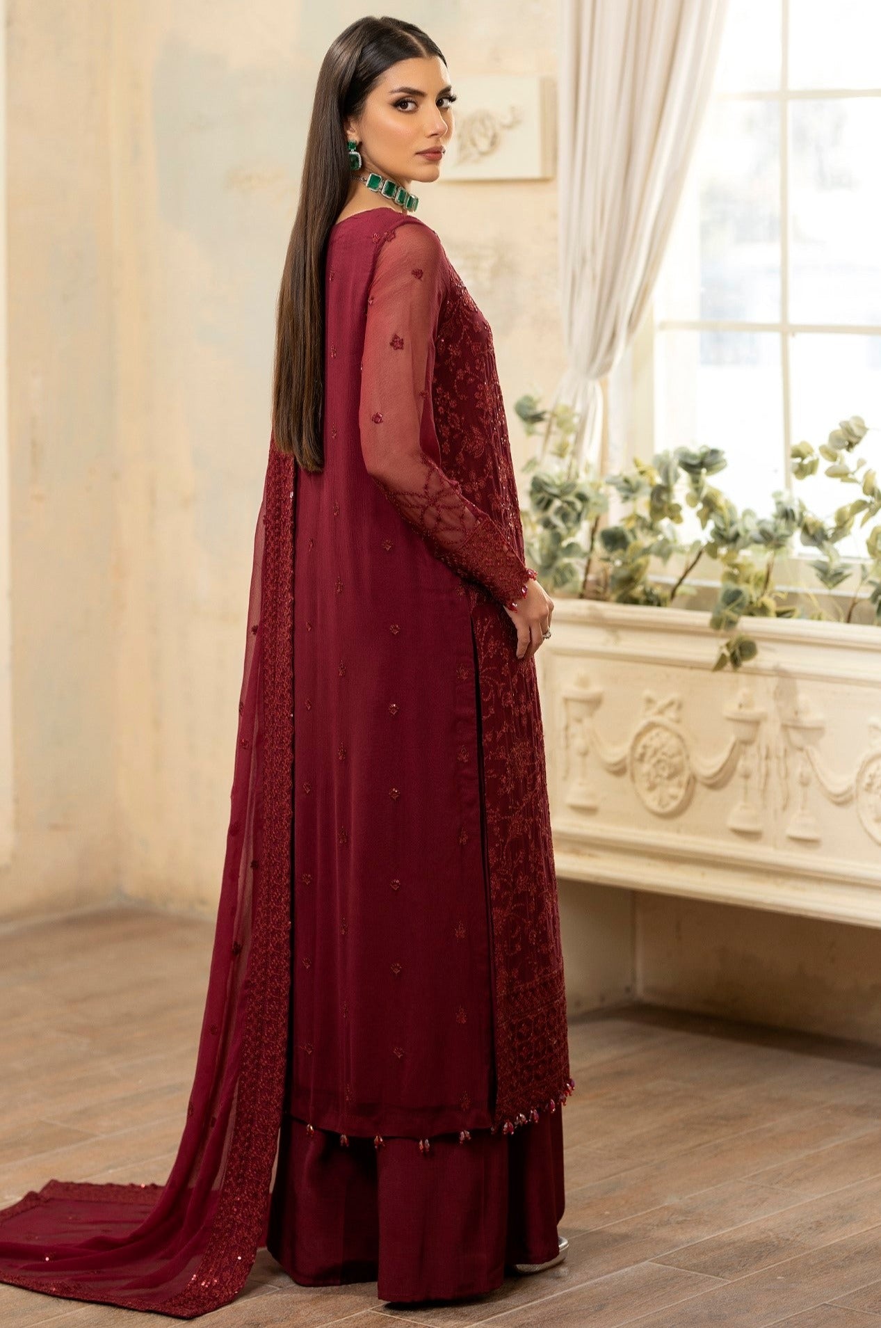 Pakistani Deep Maroon Embroidered Chiffon & Organza Suit (3-Piece) - Image 14