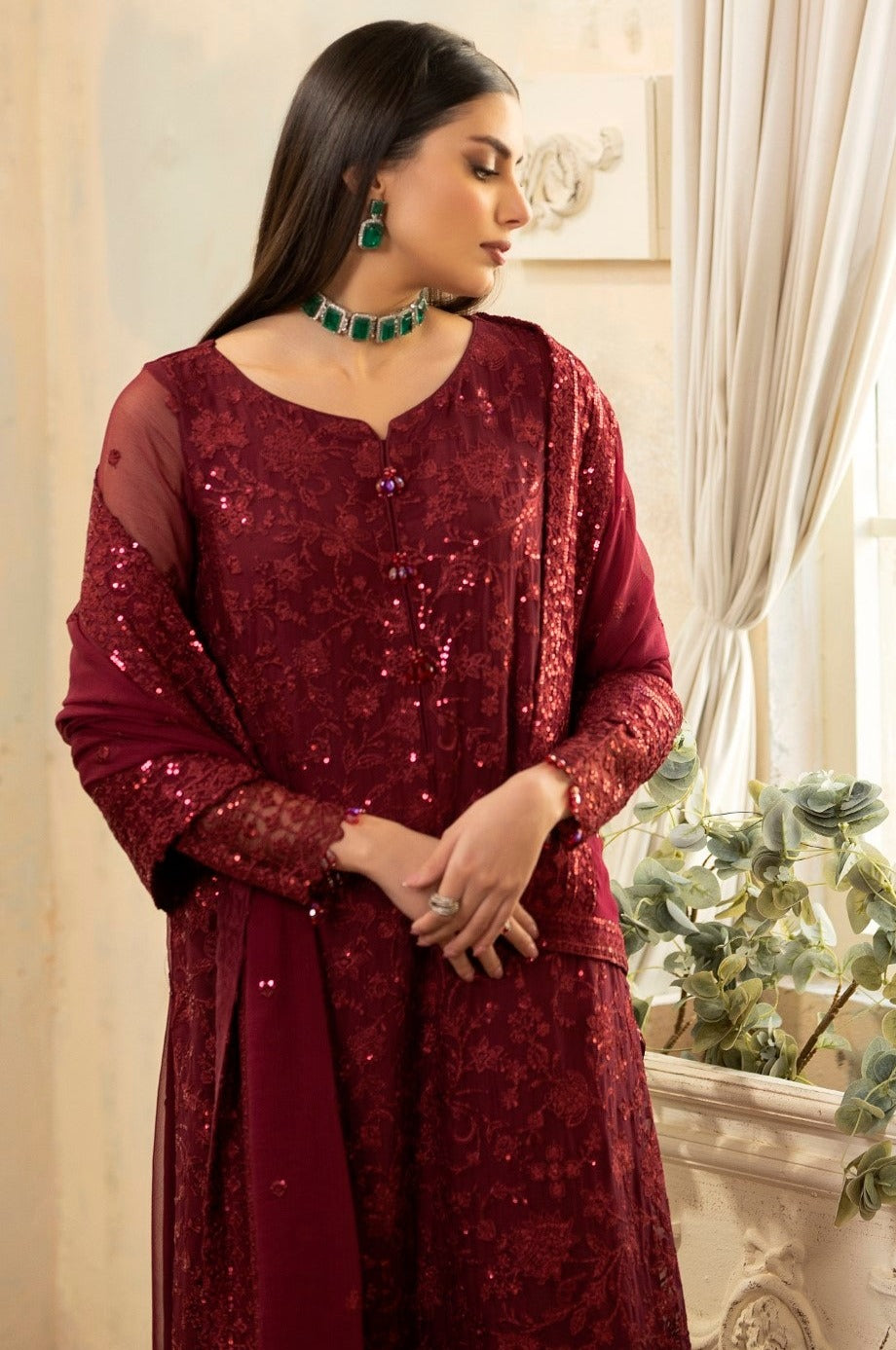 Pakistani Deep Maroon Embroidered Chiffon & Organza Suit (3-Piece) - Image 3