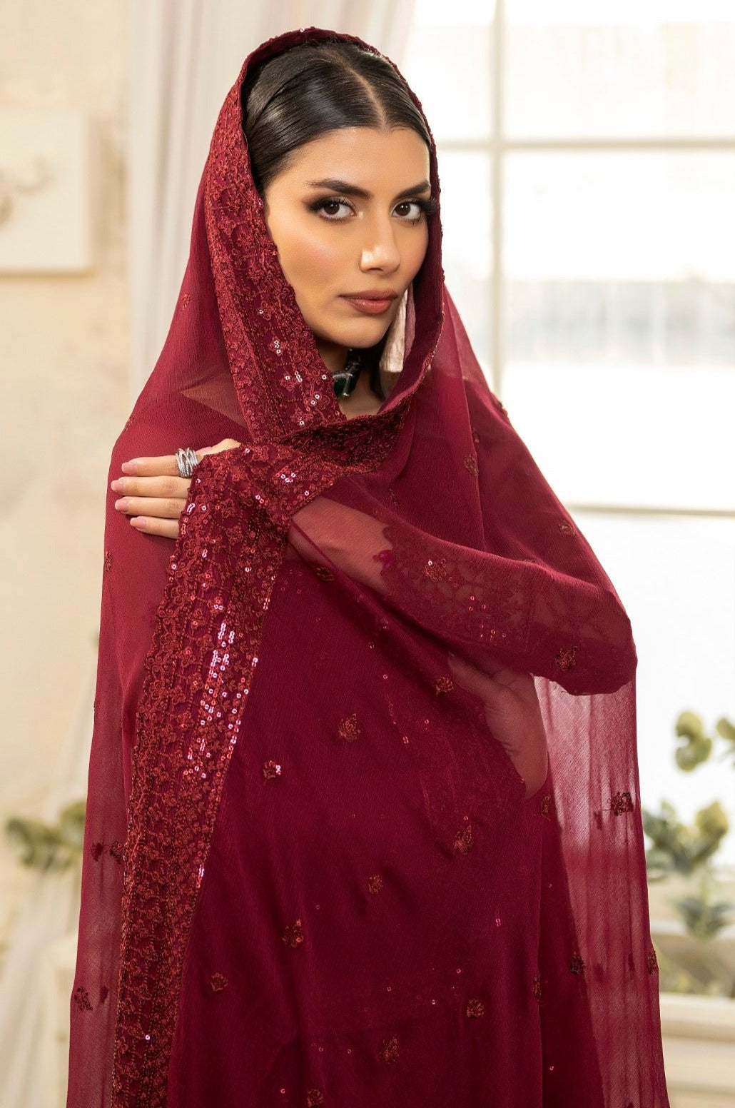 Pakistani Deep Maroon Embroidered Chiffon & Organza Suit (3-Piece) - Image 4