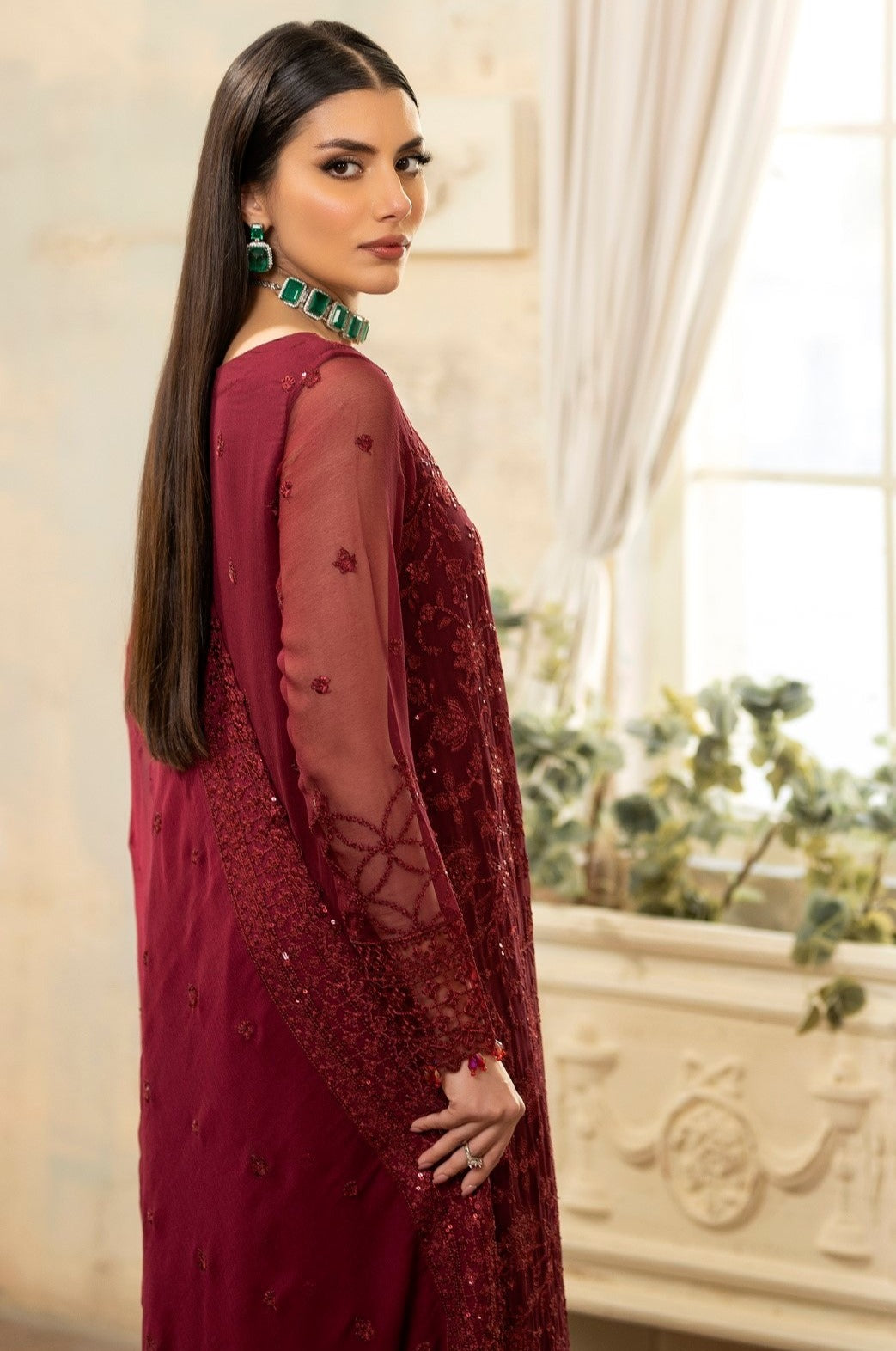 Pakistani Deep Maroon Embroidered Chiffon & Organza Suit (3-Piece) - Image 5