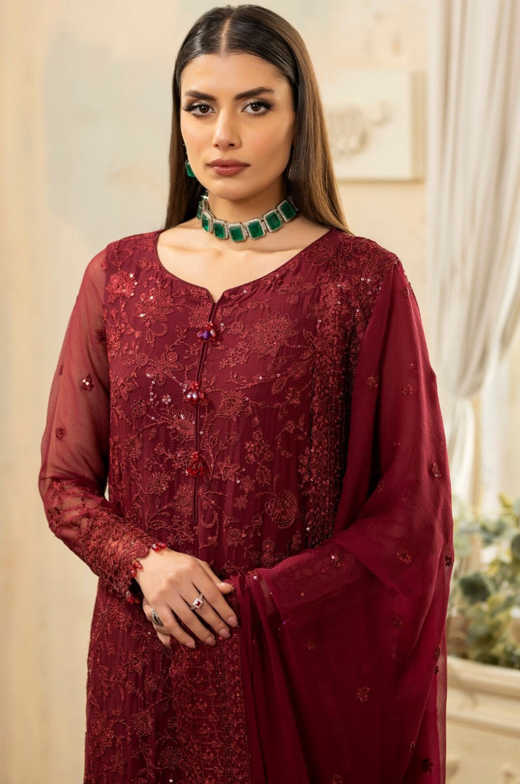 Pakistani Deep Maroon Embroidered Chiffon & Organza Suit (3-Piece) - Image 6