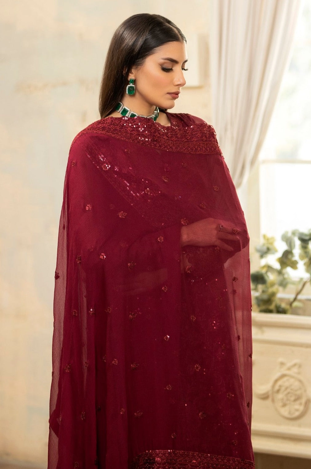 Pakistani Deep Maroon Embroidered Chiffon & Organza Suit (3-Piece) - Image 7