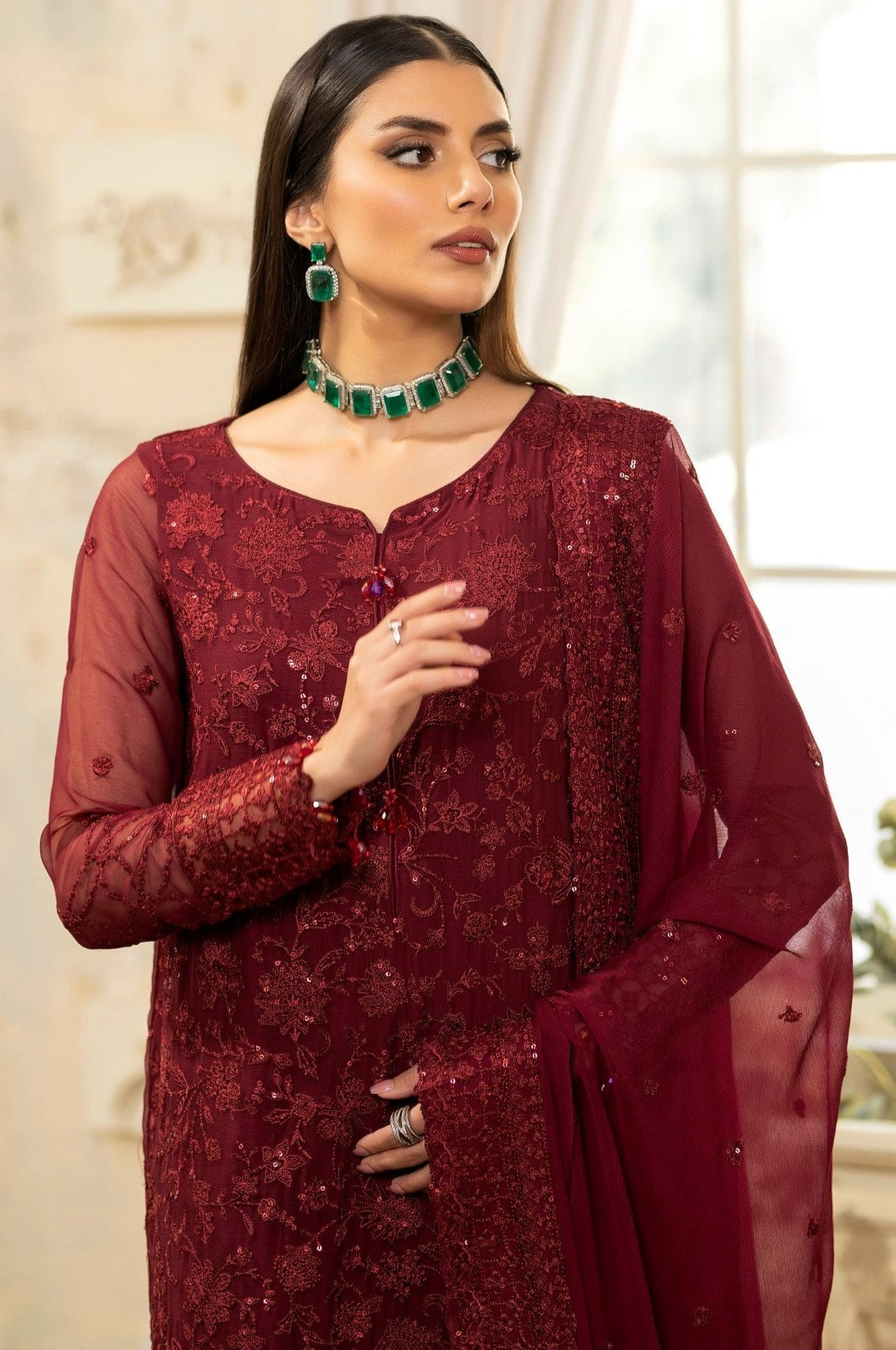 Pakistani Deep Maroon Embroidered Chiffon & Organza Suit (3-Piece) - Image 9