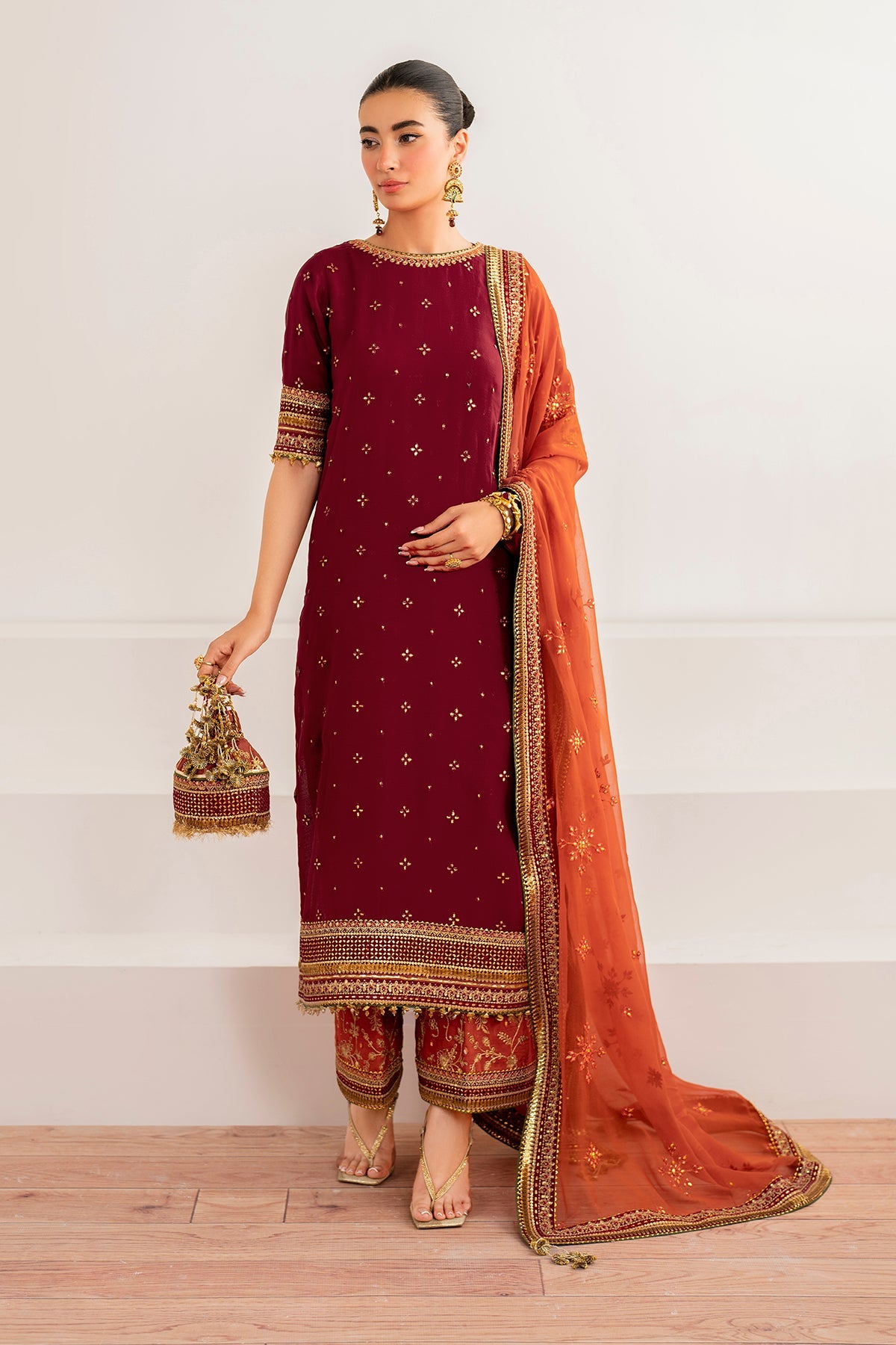 Pakistani Maroon Tilla Embroidered Chiffon Salwar Kameez (3-Piece) - Image 1