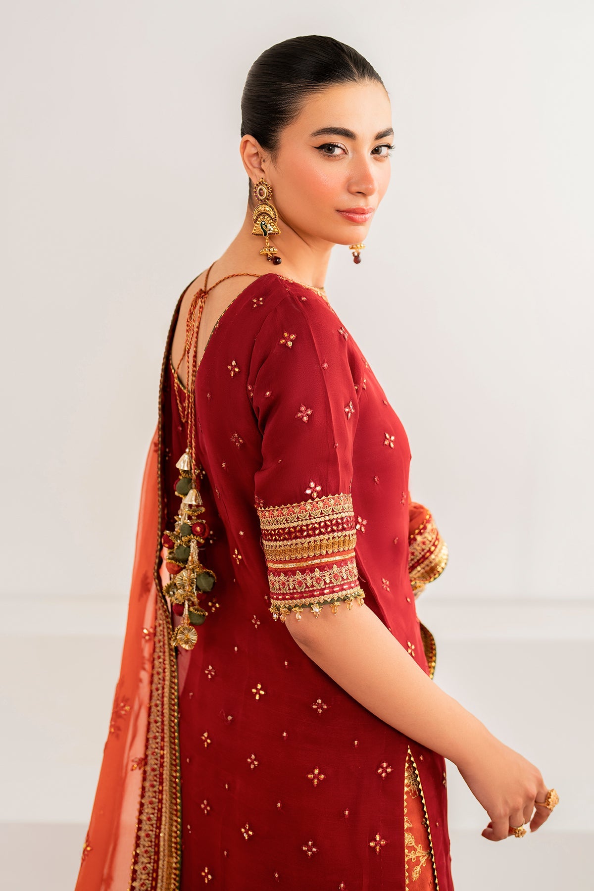 Pakistani Maroon Tilla Embroidered Chiffon Salwar Kameez (3-Piece) - Image 3