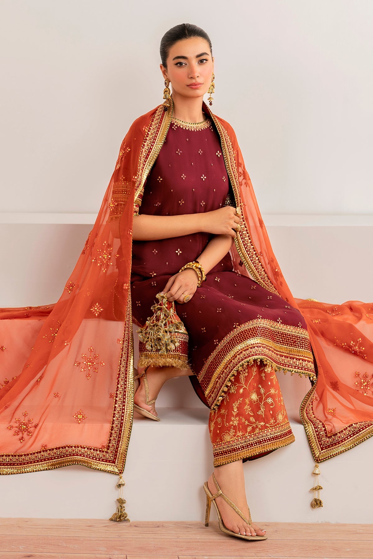 Pakistani Maroon Tilla Embroidered Chiffon Salwar Kameez (3-Piece) - Image 5