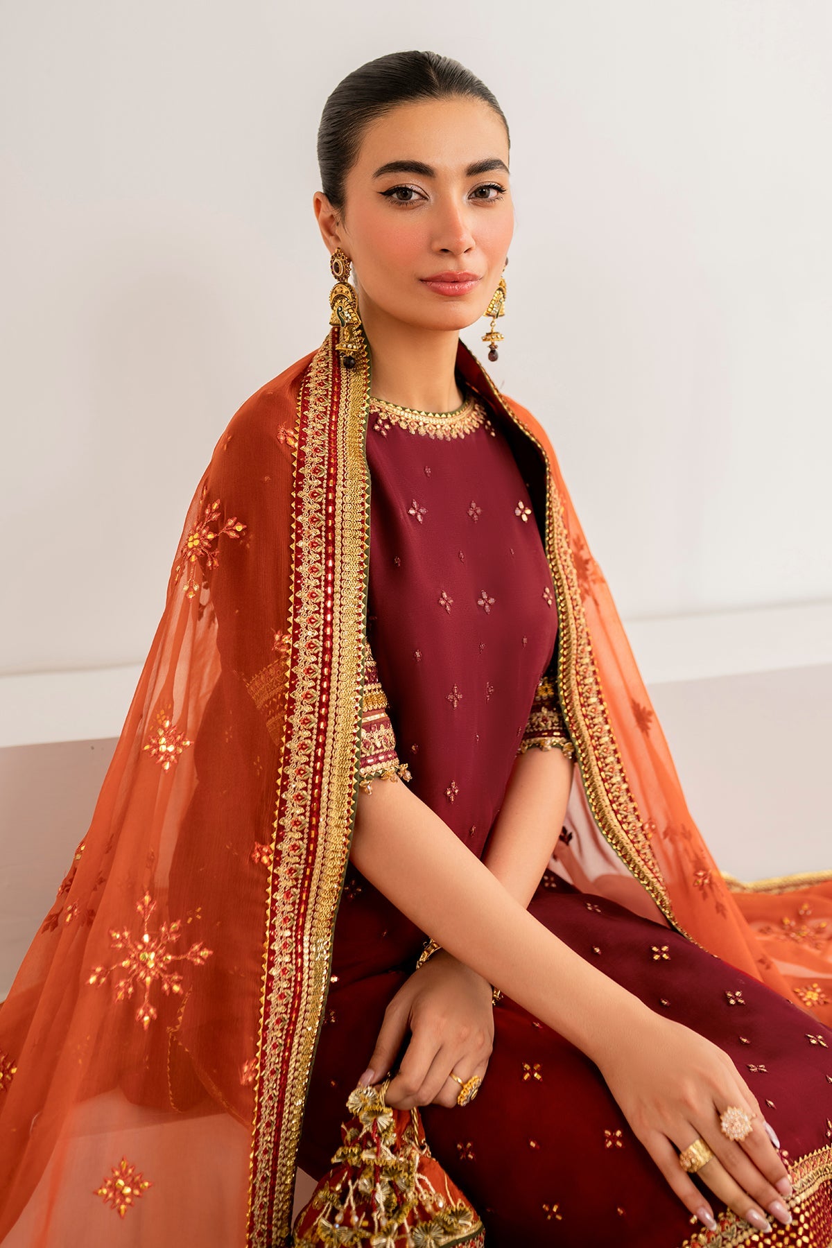 Pakistani Maroon Tilla Embroidered Chiffon Salwar Kameez (3-Piece) - Image 6