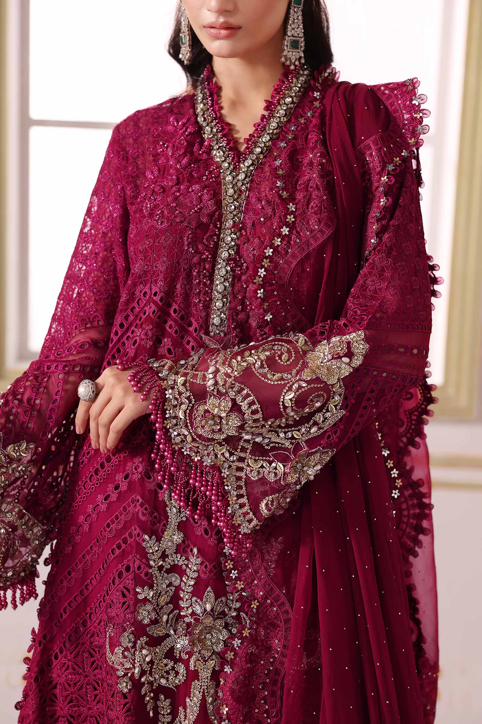 Pakistani Maroon Embroidered Chiffon & Organza 3-Piece Suit - Image 10