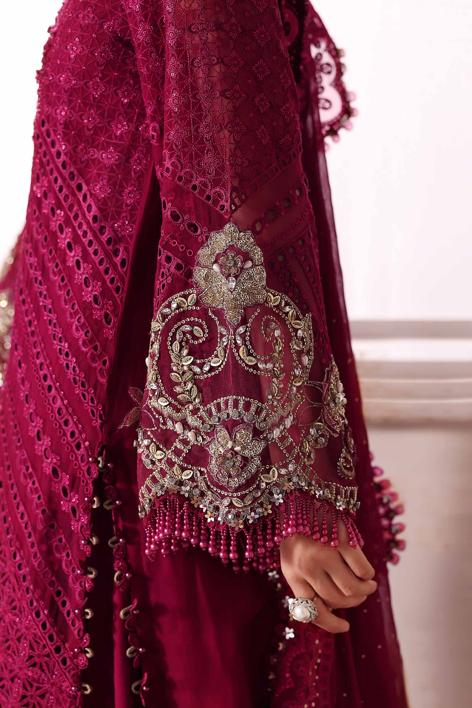 Pakistani Maroon Embroidered Chiffon & Organza 3-Piece Suit - Image 11