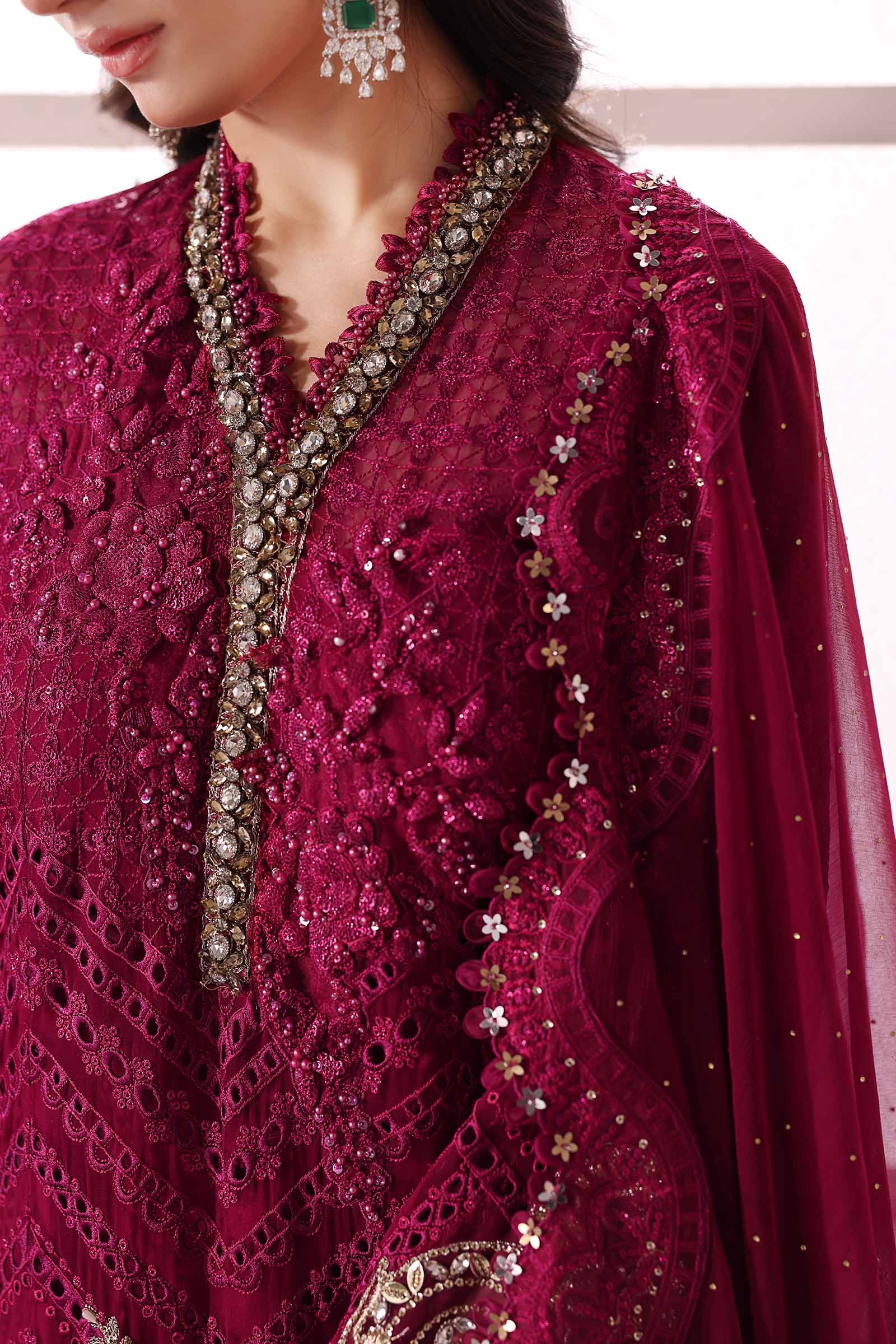 Pakistani Maroon Embroidered Chiffon & Organza 3-Piece Suit - Image 13
