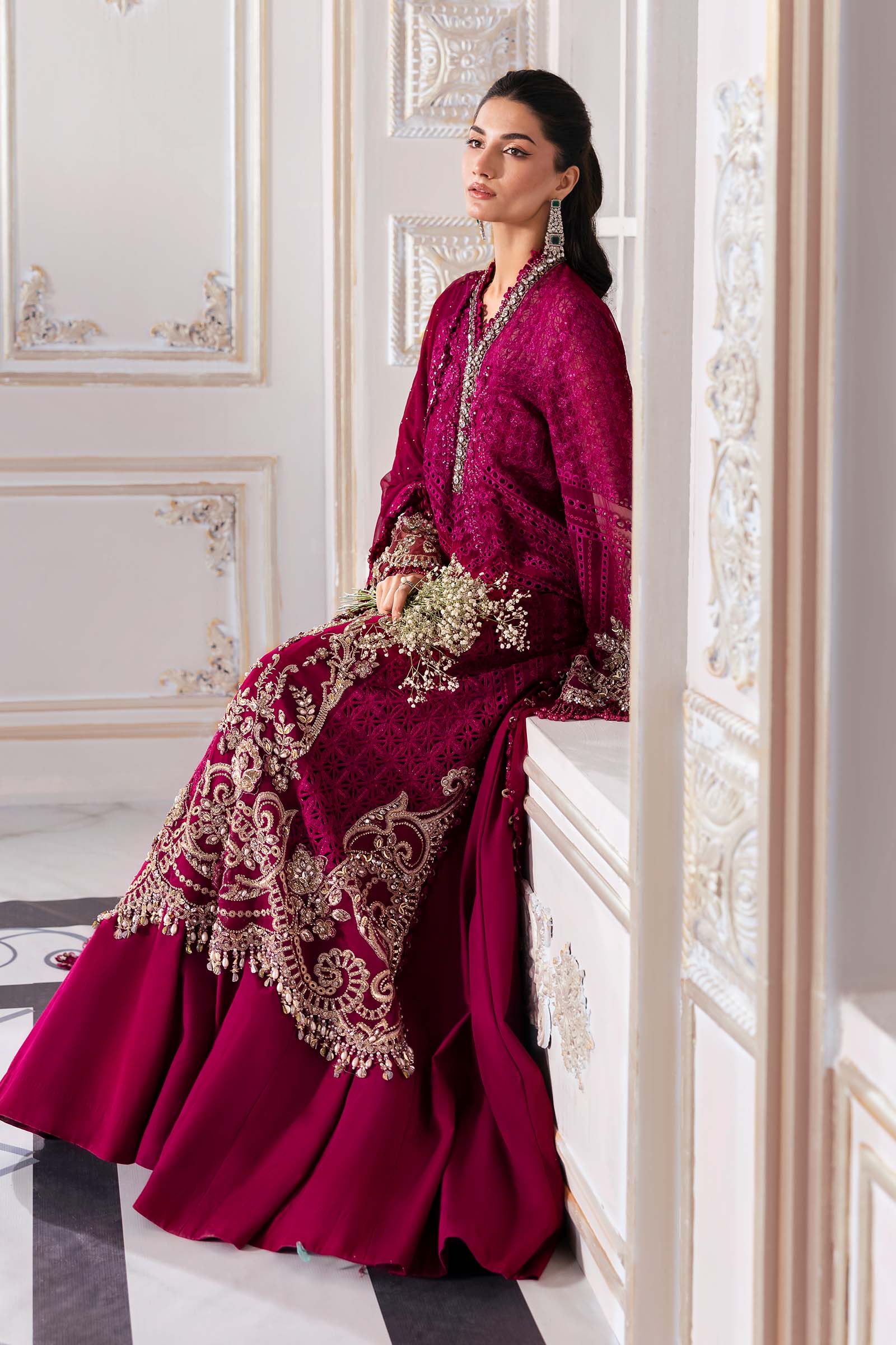 Pakistani Maroon Embroidered Chiffon & Organza 3-Piece Suit - Image 15