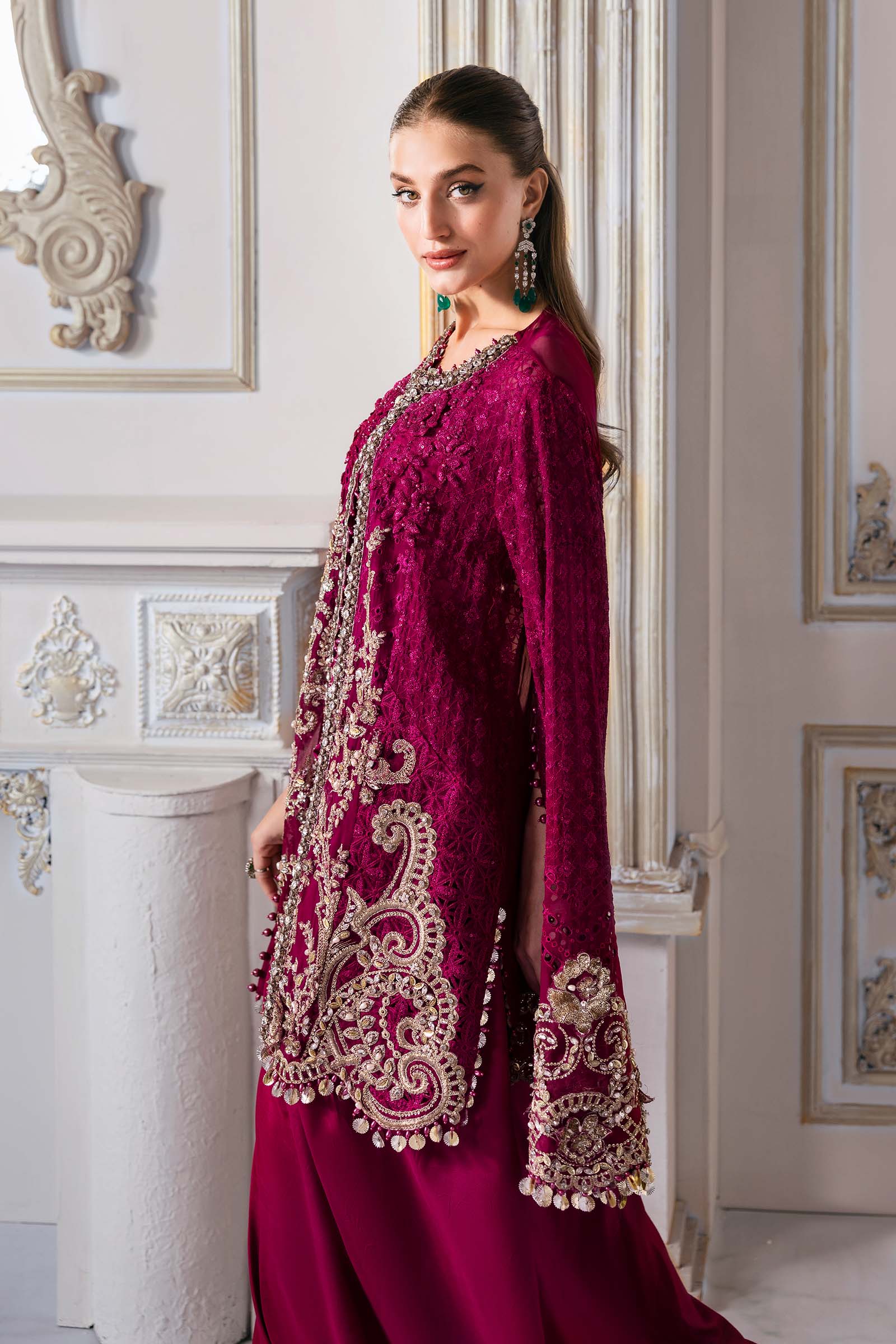 Pakistani Maroon Embroidered Chiffon & Organza 3-Piece Suit - Image 16