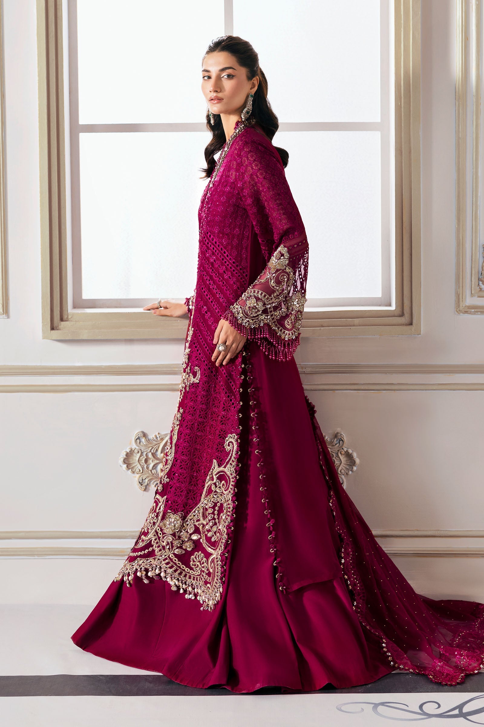 Pakistani Maroon Embroidered Chiffon & Organza 3-Piece Suit - Image 17