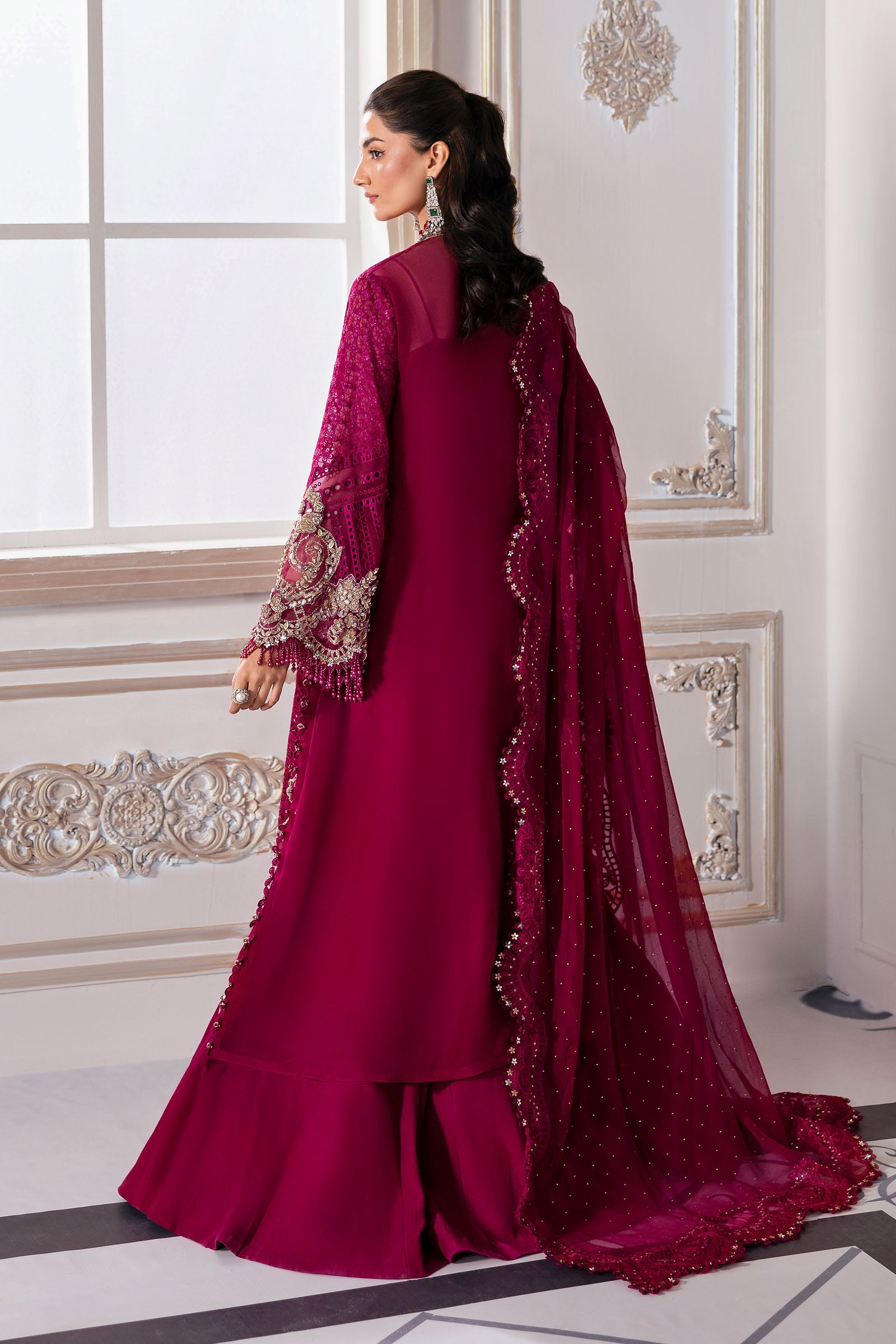 Pakistani Maroon Embroidered Chiffon & Organza 3-Piece Suit - Image 18
