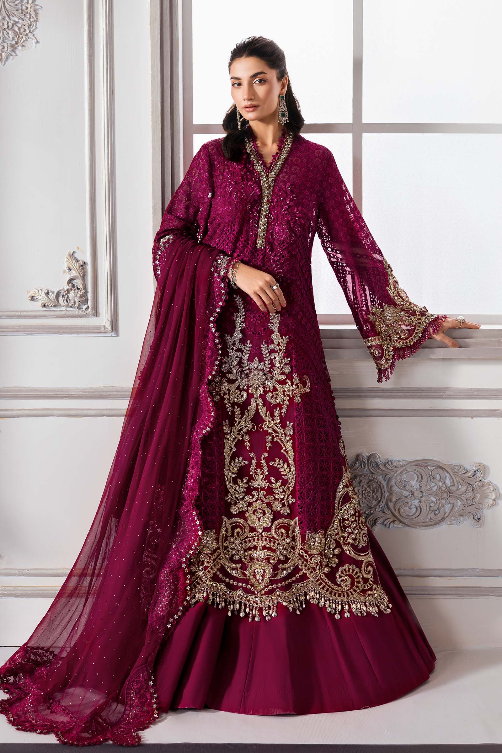 Pakistani Maroon Embroidered Chiffon & Organza 3-Piece Suit - Image 19