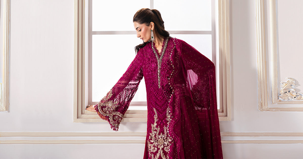 Pakistani Maroon Embroidered Chiffon & Organza 3-Piece Suit - Image 20