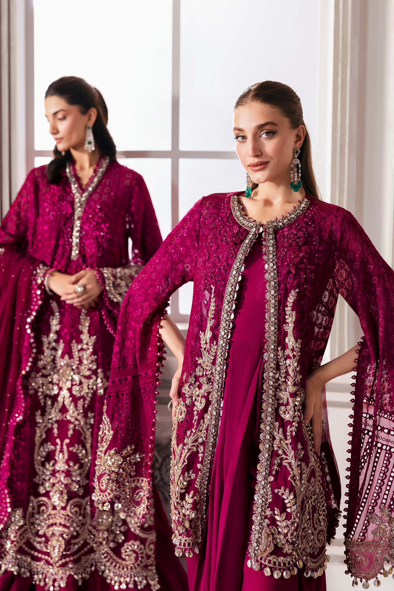 Pakistani Maroon Embroidered Chiffon & Organza 3-Piece Suit - Image 3