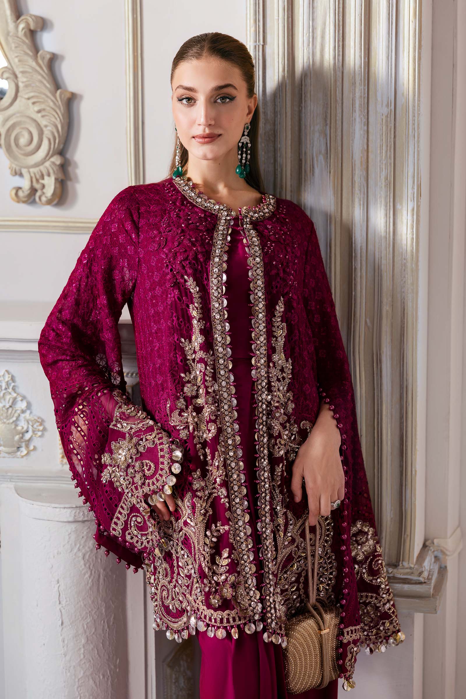 Pakistani Maroon Embroidered Chiffon & Organza 3-Piece Suit - Image 4
